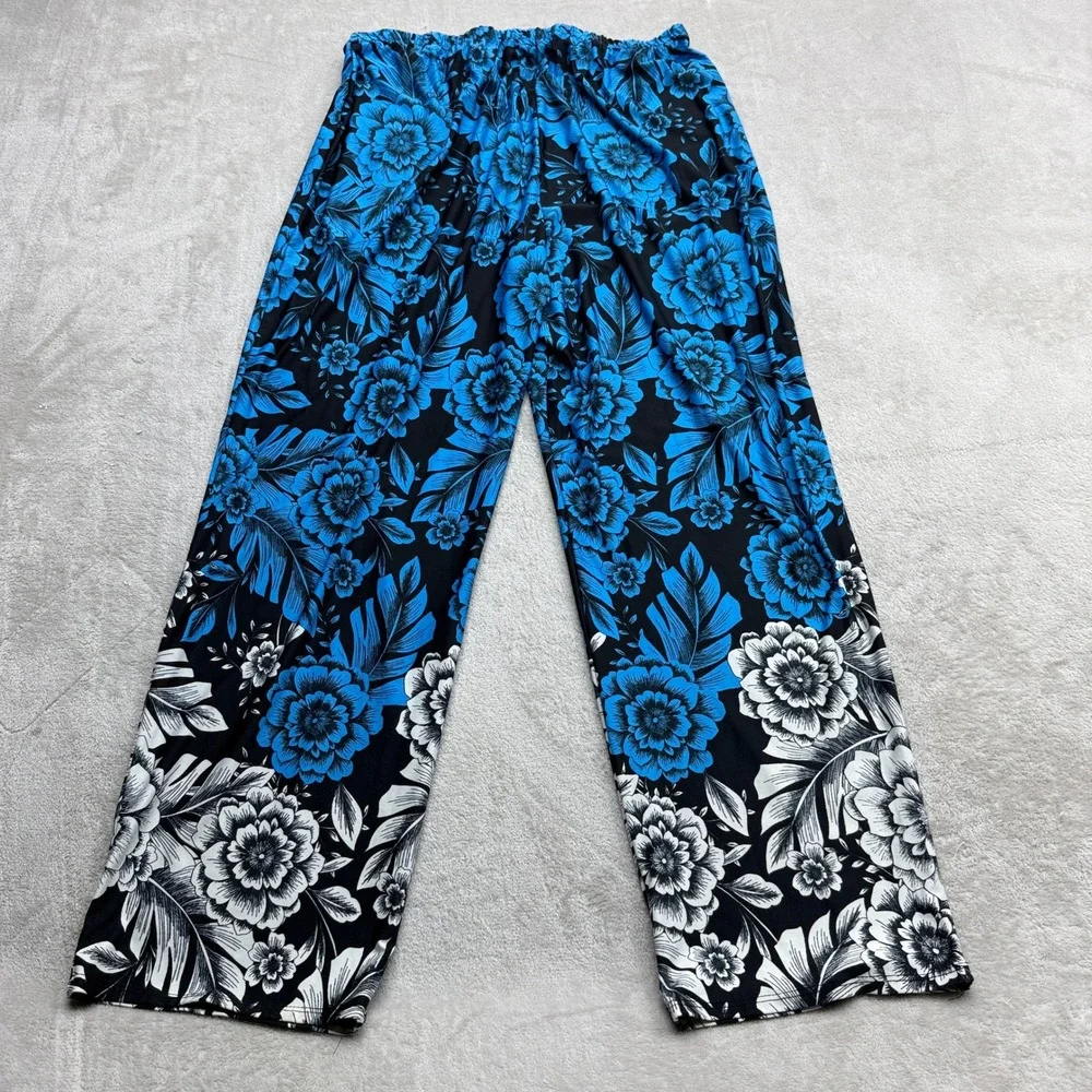 Sunny Leigh Floral Lounge Pants Womens 2X Blue Black Wide Leg Elastic Waist Boho
